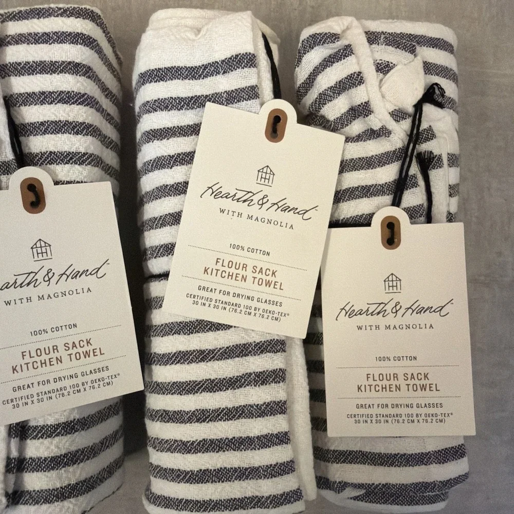 Magnolia Hearth Hand Kitchen Flour Sack Dish Towel Mini Stripe Charcoal Gray 3pc